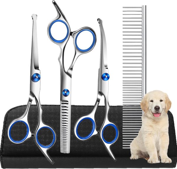 Dog Scissors, 6.7 Inch Stainless Steel Dog Grooming Scissor Kit with Safety Round Tips, Pets Grooming Shears with Thinning Shears & Curved Scissors for Pet Hair Fur Care