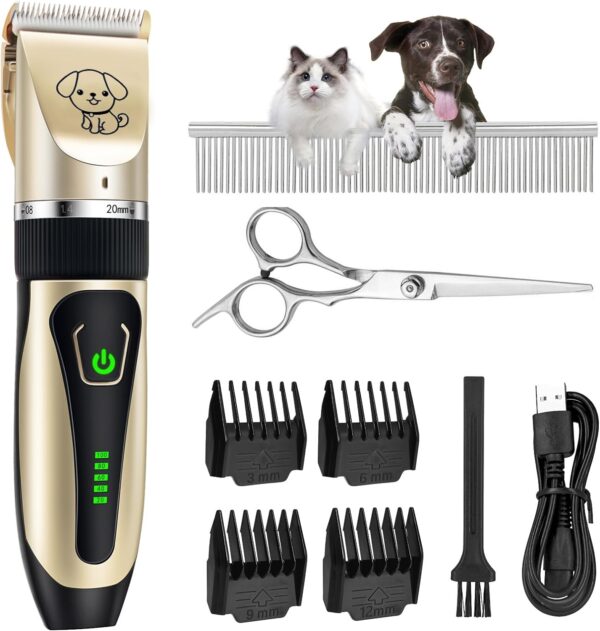 Dog Clippers, Cordless Dog Grooming Kit, 2-Speed Rechargeable Dog Grooming Clippers with Battery Display, Low Noise Dog Clippers Professional for Dogs Cats Pets Thick Hair with Combs and Scissors