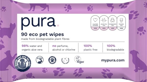 Pura Eco Pet Wipes for Dogs, Cats & Rabbits. 100 Percent Plastic Free, 100 Percent Biodegradable, Vegan. Great For Muddy Paws, Coats, Bottoms, Grooming & Cleaning 1 Pack of 90 Wipes