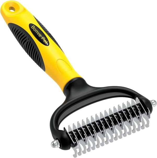 Bonve Pet Dog Brush, Dog Grooming Rake, Double Sided Deshedding Dematting Tool, Undercoat Rake for Small, Medium and Large Pets, Effectively Reduces Hair Loss by up to 90%