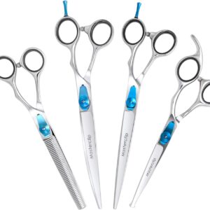 Masterclip Essentials Dog Grooming Scissors - Complete 4 Pack Professional Scissor Set for Pets – to Include Finishing, Thinning, Curved and Bull Nose Safety Scissors – Suitable for Right Handed Users