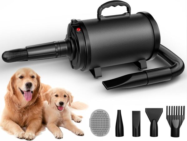 Blanlody Dog Hair Dryer Blaster 3200W/4.5HP Pet Grooming Hair Dryer Low Noise Temperature Heater with 5 Different Nozzles and Pet Grooming Brush