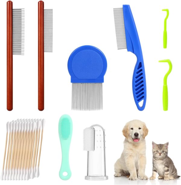 38PCS Pet Grooming Cleaning Kit, Metal Teeth Lice Flea Dematting Comb and Silicone Finger Toothbrush for Natural Care Dental Treatment, Waterproof Tick Removal Tool for Cats Dogs Kittens puppies