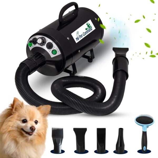 My Pet Command 220V Professional Dog Hair Dryer Blaster Pet Grooming High Velocity Air Blower blaster 500W-2800W 4HP Hot and Cold Adjustable stepless Airflow Drying Deshedding extra Dog Grooming Brush