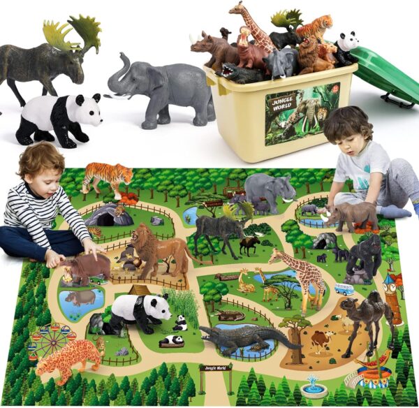 FRUSE Safari Animals Figures Toys w/ 145x98cm Jumbo Play Mat,12PCS Realistic Jungle Wild Zoo Animals Figurines Playset with Panda,Lion,Elephant,Educational Learning Toys Gifts for Toddlers Kids