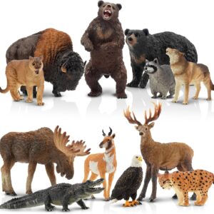 toymany 12PCS North American Forest Animal Figurines, Realistic Jungle Animal Set Includes Raccoon,Lynx,Wolf,Bear,Eagle, Educational Toy Cake Toppers Christmas Birthday Gift for Kids Toddlers