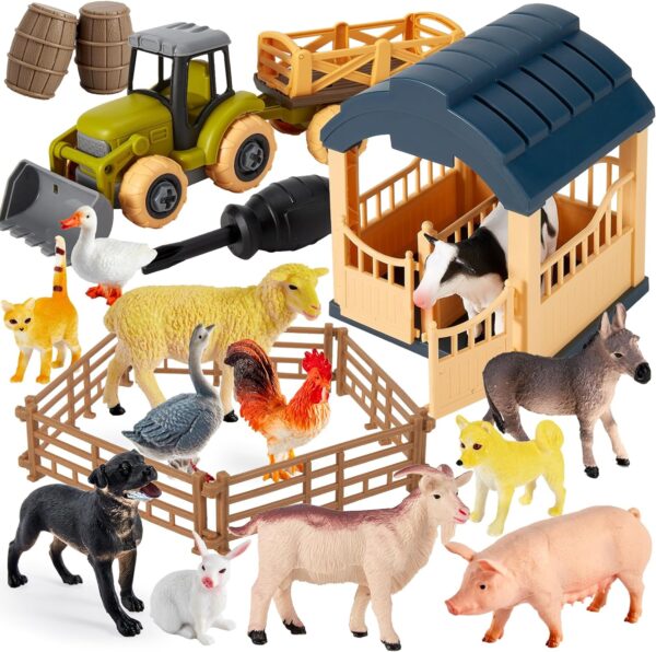 BUYGER Farm Animals Toys Sets for 3 4 5 Years Olds, Large and Mini Size Animals Figure, Take Apart Farmyard Truck House Fence Gifts for Kids Toddler Boys Girls