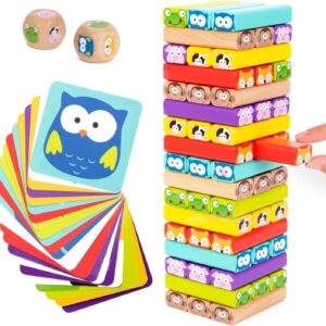 Nene Toys 4-in-1 Wooden Tumble Tower Game with Animals & Colors - Family Game for Kids Ages 3-9 - Cognitive Skills Booster, Educational Board Game for Children - Gift for Boys Girls 3+ years