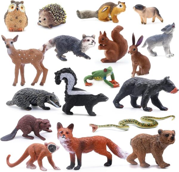 SIENON 18Pcs Forest Animals Figures Toys, Baby Woodland Animals Figurines, Miniature Animals Toys with Owl, Hedgehog, Fox, Squirrels, Bears, Monkey for Woodland Theme Cake Toppers Cupcake Toppers