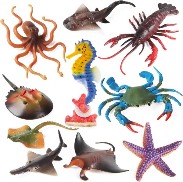 Ocean Sea Animals Toys Figures, 10Pcs Large Plastic Sea Creature Toys Ocean Animals Figurines Sea Horse Starfish Crab Lobster Octopus Devilfish Rays Under the Sea Life Figures Cake Toppers Decoration