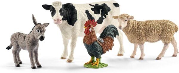 schleich FARM WORLD - Starter Set, Includes 4 x Collectable Toy Farm Animals, Cow, Sheep, Donkey Foal and Rooster Animals Toys for Kids ages 3+