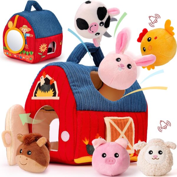 hahaland Baby Toys 6-12 Months - Farm Animals with Barn, Rattle, Crinkle Paper, Mirror - Busy Montessori Sensory Toys for Babies Toddlers 1-3 - Baby Easter Basket Stuffers