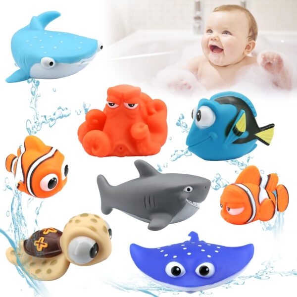 Cadoal 8PCS Finding Dory Nemo Bath Squirt Toys, Floating Sea Animals (Shark Octopus Clownfish Turtle Devil fish) Bathtub Water Squirt Bath Toy for Baby Kids Toddler Shower and Swimming Pool