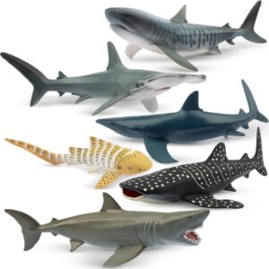 toymany 6PCS 12-14CM Realistic Shark Bath Toy Figurines, Plastic Ocean Sea Animals Figures Set Includes Whale Shark,Tiger Shark,Mako Shark, Cake Toppers Christmas Birthday Gift for Kids Toddlers