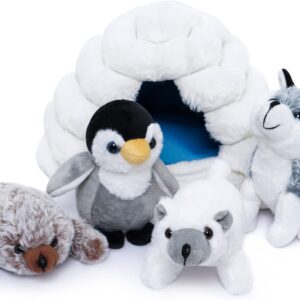 Nleio 5 Piece Baby Stuffed Animals Set with Plush Igloo, Including Seal/Husky/Polar Bear/Penguin Stuffed Animal, Plush Toys Set for Kids Babies Toddlers …