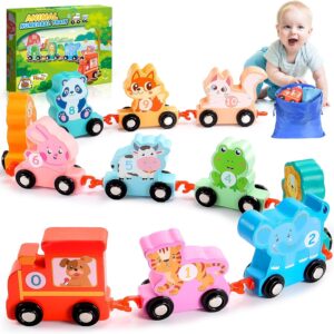 HappyKidsClub 1 2 3 4 Year Old Boy Girls Toys, Toddler Toys for 1 2 3 4 Year Old Boy Girls Gifts Farm Animals for 1 2 Year Olds Wooden Boys Toys Age 2 3 4 Animals Train Set for Kids Toys Age 2 3 4