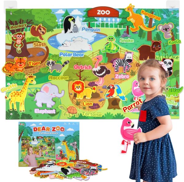 Taika Zoo Animals Felt Story Board Set, 43x28 inch Zoo Animals Flannel Board, 41Pcs Felt Jungle Animals Toys, Preschool Learning Interactive Storytelling Teaching Play Activity Kits for Toddlers