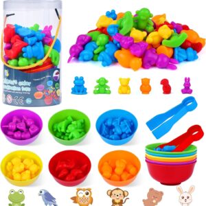 BBLIKE Montessori Counting Toys, Kids Animal Sorting Toys with Bowl, Tweezers, Color Sorting Math Toys Educational Learning Toy for Children 2 3 4 5 6 Year Old Boy Girl Gift