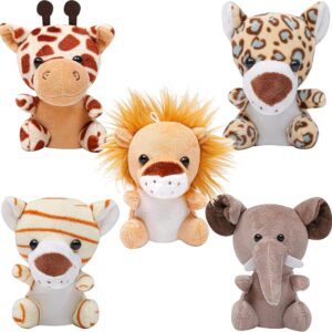 Anboor 5pcs Small Stuffed Animals—Jungle Animal Plush Set 4.8 Inch Cute Safari Stuffed Animals with Keychain for Animal Themed Party Favors Children's Day Gift (Sitting)