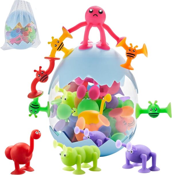 Suction Toys, 40Pcs Kids Bath Toys Sensory Sucker Toys, Baby Animal Shape Stress Release Travel Winodow Toys, Toddler Shower Gift with Storage Net Bag for 3 4 5 Years Old Boys Girls