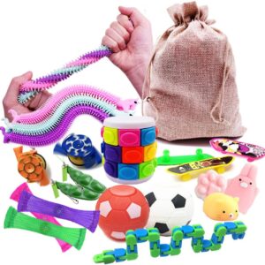 Fidget Toys 19Pcs Sensory Toys Autism Fiddle Toys with Bag Includes Soybean Squeeze,Mesh Elastic Ball,Animal Mochi,Stretchy Strings,Spinning Football,Skateboards,Spinning Top for Gift Party Favors