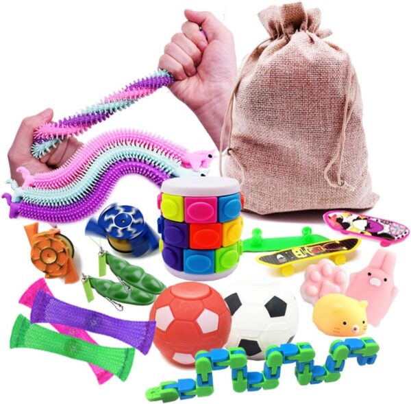 Fidget Toys 19Pcs Sensory Toys Autism Fiddle Toys with Bag Includes Soybean Squeeze,Mesh Elastic Ball,Animal Mochi,Stretchy Strings,Spinning Football,Skateboards,Spinning Top for Gift Party Favors