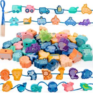 GEEKEO Threading Toys for 2 3 4 Year Olds Boys Girls Toddlers, Montessori Threading Beads Learning Toys 44Pcs Animals & Traffic String Lacing Beads Wooden Educational Toys for Kids 2+ Years