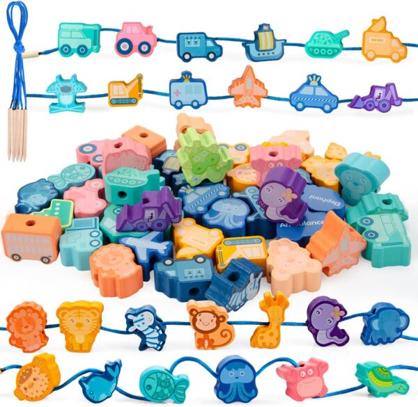 GEEKEO Threading Toys for 2 3 4 Year Olds Boys Girls Toddlers, Montessori Threading Beads Learning Toys 44Pcs Animals & Traffic String Lacing Beads Wooden Educational Toys for Kids 2+ Years