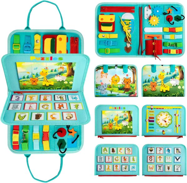 Achiyway Busy Board Montessori Toys for Toddlers, Educational Toys for Boys,Activity Sensory Board Travel Toys with Animals Puzzle, Clocks, Zippers and Buckles, Gift Toys for 1 2 3 4 Years Old