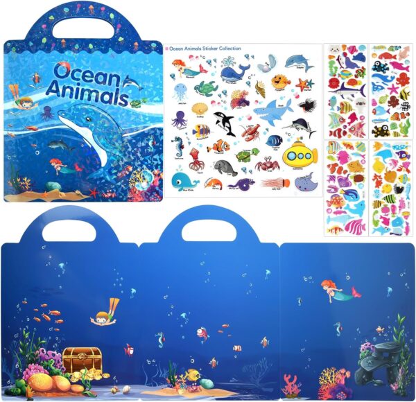 ASTARON Reusable 3D Puffy Sticker Book for Kids, 88 Pcs Cute Waterproof Ocean Animals Stickers, Puffy Sticker Game Travel Stickers and Educational Sensory Learning Toy（3-6 Age）