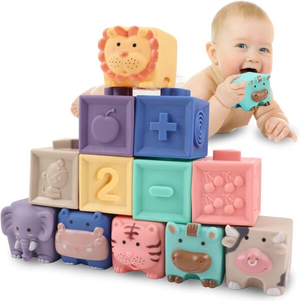 Baby Blocks 12 Pack, Soft Building Block Bath Toys, Montessori Stacking Toys for Toddlers, Sensory Teethers Toy Educational Squeeze Play with Numbers Animals Shapes Textures