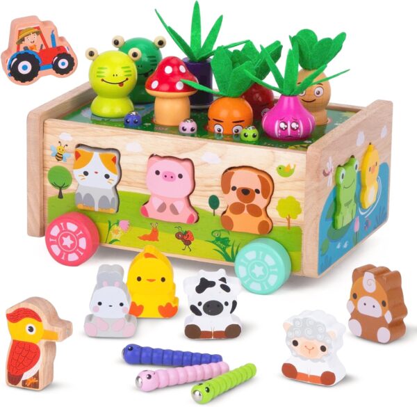 KMTJT Montessori Wooden Toddler Toys for 1 2 3 Years Old Boys Girls, Shape Sorting Toys First Birthday Gifts for 1-2 Years, Wood Animal Farm Car Preschool Educational Fine Motor Skills Toy