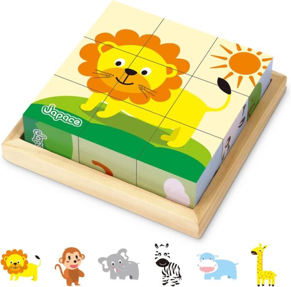 Japace Wooden Jigsaw Puzzles for Toddlers, 6 In 1 Animal Puzzle 3D Wooden Cube Block Toys Montessori Educational Games for Kids 1 2 3 4 Years Old Birthday for Boys and Girls