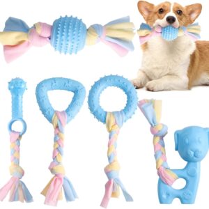 FUYOAL Puppy Dog Teething Toys, 5 Pieces Puppy Dog Chew Toys with Ball and Colorful Ropes Rubber Dog Toys Durable for Small Puppies and Medium Dogs(Blue)