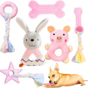 HRTTSY 6 Pack Puppy Teething Toys Small Dog Chew Toy Set Cute Chewing Rubber Toys Soft Plush Squeaky Dog Toys Release Anxiety Cleaning Teeth Interactive Puppy Toys for Girl Puppies (Pink)