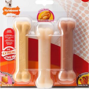 Nylabone Extreme Tough Dog Chew Toy Bones, Peanut Butter, Chicken, Bacon Flavoured, 3-Piece, Small, For Dogs Up To 11 kg