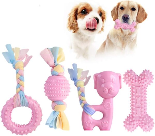 JYPS Puppy Dog Teething Toys, 4pcs Puppy Chew Toy Set with Ball and Cotton Ropes, Rubber Chews Toys, Interactive Girls Puppy Accessories Gift Pink for 8 Weeks Small Puppies and Medium Dogs (Pink)