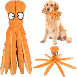 RAYITO Octopus Dog Toys, No Stuffing Squeaky Dog Toys Interactive Octopus Dog Chew Toys with Crinkle Paper for Small Medium Dogs Playing and Training (Orange)