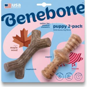 Benebone Puppy Tiny 2-Pack Indestructible Maplestick/Zaggler for Aggressive Chewers, Long Lasting Teething Boredom Breaker for Puppies, Real Bacon/Maple Wood Flavour, For XS Dogs, Made in the USA.