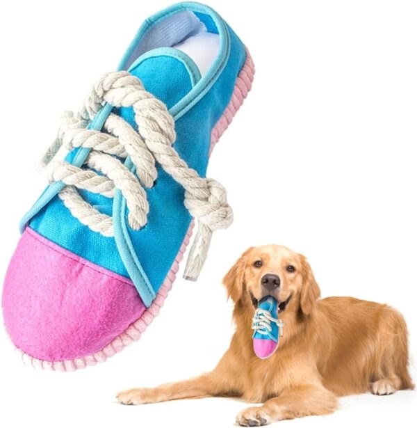 WOSO Dog Toy Shoe, Durable Dog Chew Toy Safe Squeaky Dog Playing Toy Funny Shoe Toy Interactive Dog Shoe Toy Washable Small Puppy Toys Bite Resiatant Toy for Small and Medium Dogs (Blue and Pink)