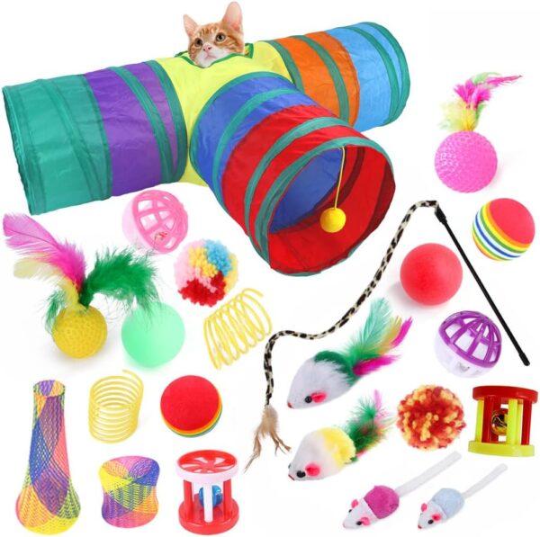 ACNCN 22 Pcs Cat Toys, Kitten Toys Interactive Cat Toys for Indoor Cats, Cat Tunnel Toys Set for Kitty and Cats(22PCS Rainbow)