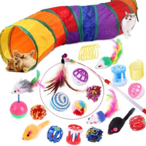 Wefine 20 Pcs Cat Toys, Kitten Toys for Indoor Cats, Cat Tunnel Interactive Feather Teaser Wand Ball Toy Set for Kitty and Cats