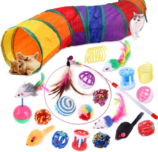 Wefine 20 Pcs Cat Toys, Kitten Toys for Indoor Cats, Cat Tunnel Interactive Feather Teaser Wand Ball Toy Set for Kitty and Cats