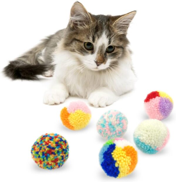 Andiker 6Pcs Assorted Color Cat Ball Toys, Interactive Colorful Woolen Yarn Cat Balls, Pom Pom Cat Balls Kitten Chasing Toys for Indoor Cats