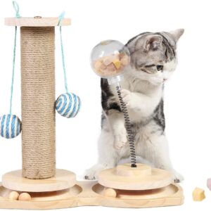 Marchul 4 in1 Interactive Cat Toy, Cat Scratching Post with Hanging Ball, Cat Food Treat Toy for Indoor Cats and Kittens with Wooden Track Balls, Kitten Sisal Scratcher Toy with Cat Treat Dispenser