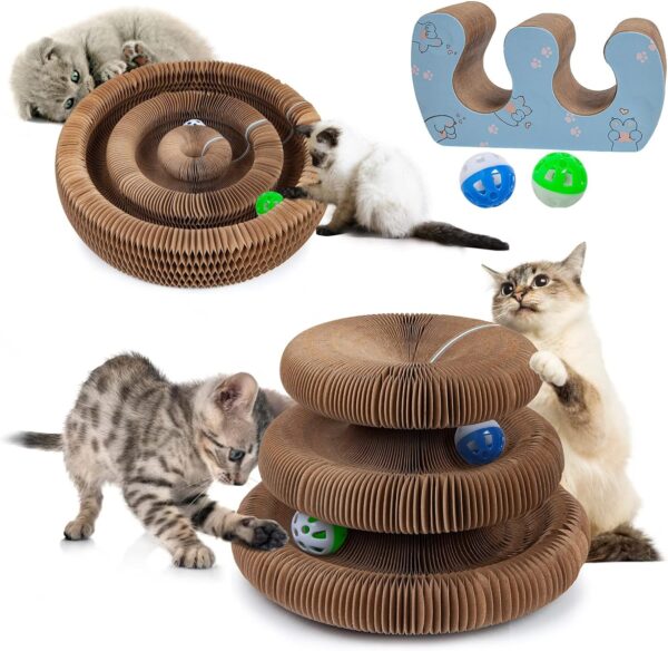 bonitacrylic Cat Toys Magic Accordion Scratching Board, Interactive Organ Toy with Two Balls, Enrichment Scratcher Mat for Kitten Bed Made of Cardboard