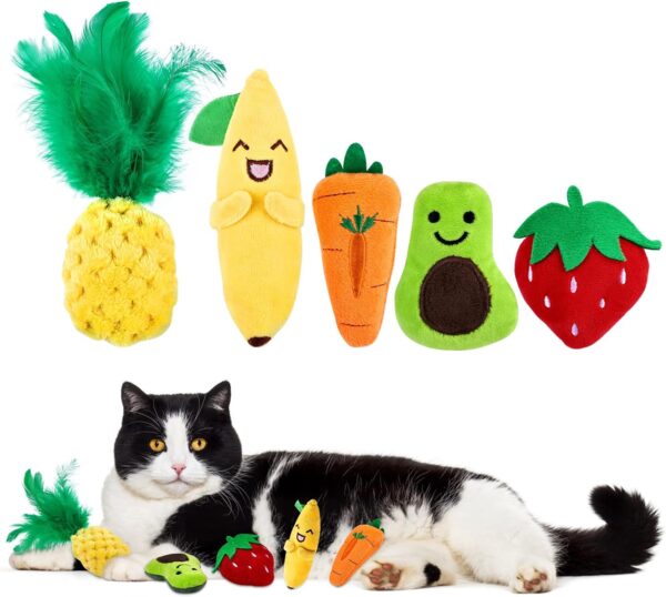 FWLWTWSS Catnip Toys for Cats, 5 Pcs Cat Toys for Indoor Cats Adult Kitten Toys Fruit Element Interactive Cat Toy Soft Plush Cat Pillow Cat Chew Toy for Pet Cat Playing Chewing Teeth Cleaning