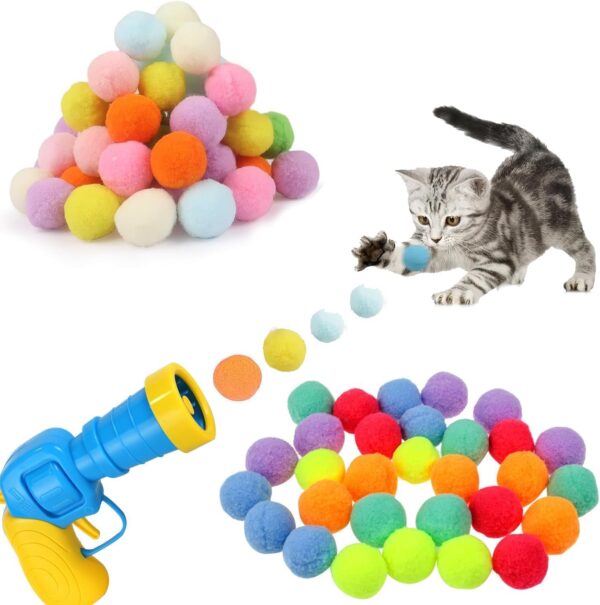 Interactive Cat Toys, Cat Ball Toy Launcher, Cat Ball Gun with 100pcs Soft Pom Pom Balls, Plush Ball Shooting Gun for Cats, Cat Fetch Toys for Indoor Pet Cat Exercise Training Chasing