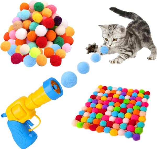 Cat Interactive Toys,Cat Ball Toy,Toy Ball Launcher with 100pcs Soft Pom Pom Balls,Cat Fetch Toys for Indoor Exercise,Pet Chasing Training Toys