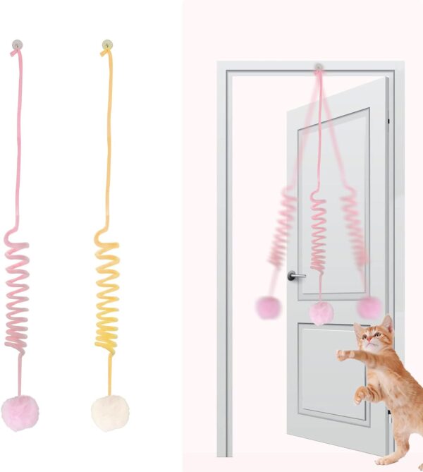 FuninCrea 2pcs Interactive Cat Toys for Indoor Cats, Self-Play Hanging Door Cat Plush Toy with Bell for Cats Chasing Exercising Kitten Toys for Indoor Cats Retractable Cat String Toy (Pink+Yellow)